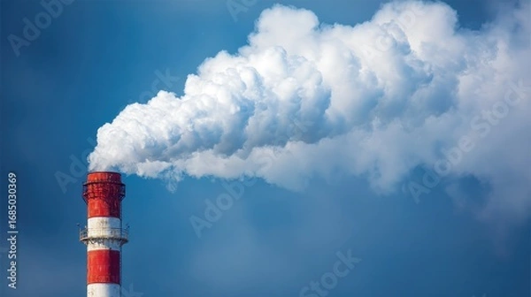 Fototapeta Thick white smoke rises from a tall industrial chimney against a bright blue sky, with a few fluffy clouds visible. The scene emphasizes industrial activity and environmental impact.