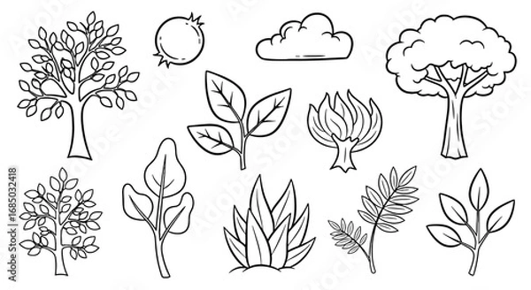 Fototapeta Nature doodles: trees, leaves, cloud, sun, sketch, outline, drawing, art, line, vector, illustration, botanical, forest, foliage, pattern, decorative, design