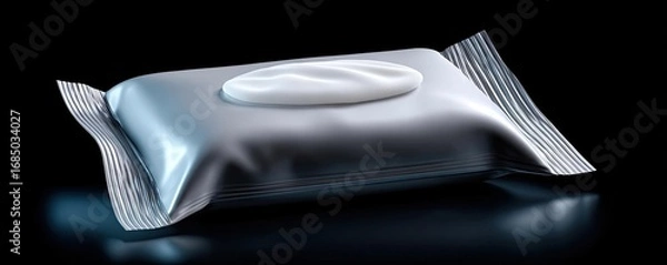 Fototapeta Blank wet wipes flow pack isolated on background concept. Moist towelette packaging with a soft product on a dark background.