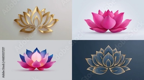 Fototapeta Four lotus flower designs in gold, pink, blue, and dark blue, displayed on a light gray, light pink, and dark blue background.  Each lotus is a 3D stylized representation