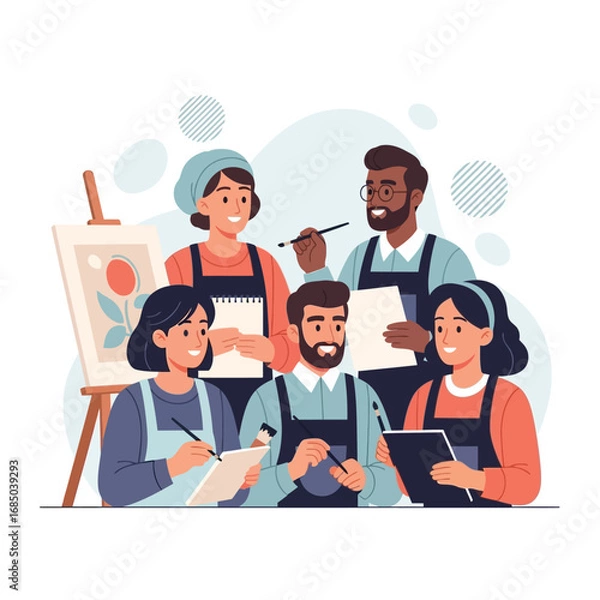 Fototapeta Engaging art workshop where a diverse group of creatives collaborate, learn, and express themselves through painting and drawing activities