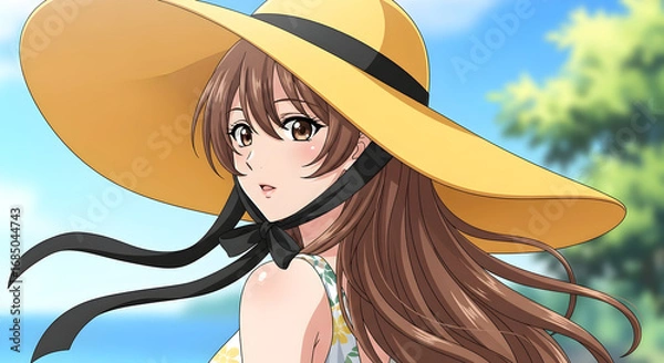 Obraz Smiling sunhat woman at tropical beach with breeze-blown hair and bright blue sky, cheerful summer portrait, anime-style travel illustration