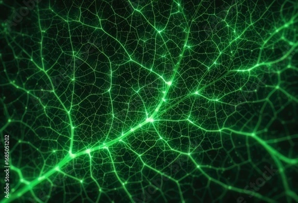 Fototapeta Green vein network on dark background resembling a leaf or neurological pathways