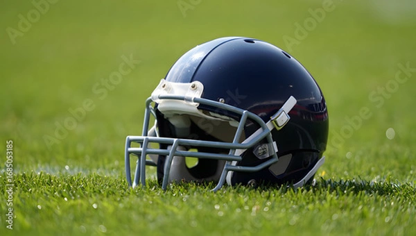 Fototapeta Football Helmet on the Field: A classic, pristine football helmet rests on the lush, green grass of the field, capturing the essence of the game in its finest detail.