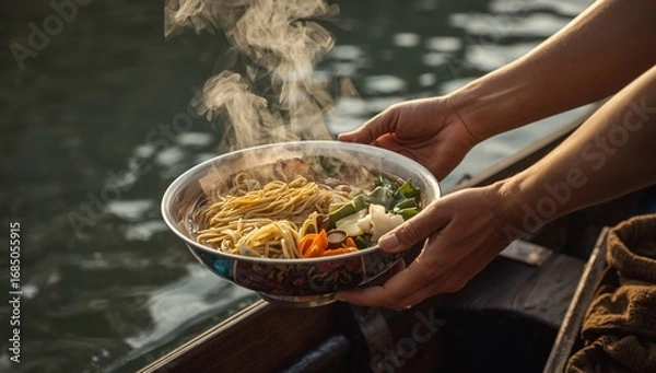 Fototapeta A person's hands hold a freshly prepared, steaming bowl of noodle soup over the water from a boat.