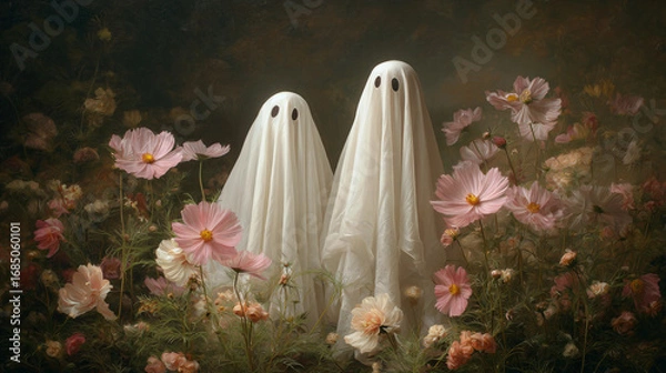 Fototapeta Two playful ghosts amidst blooming flowers in a whimsical garden setting with soft lighting and enchanting colors. Moody illustration for Halloween.