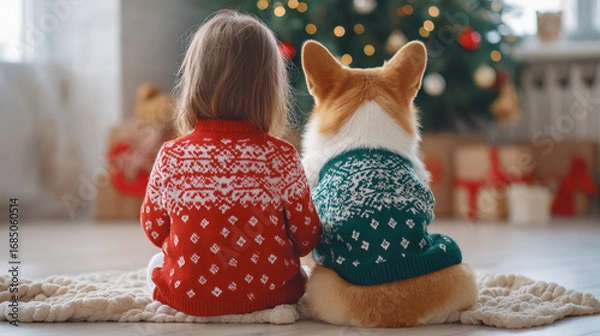 Fototapeta Cozy holiday moment capturing a child and a corgi wearing matching sweaters sitting by a Christmas tree with decorations in a warm indoor setting