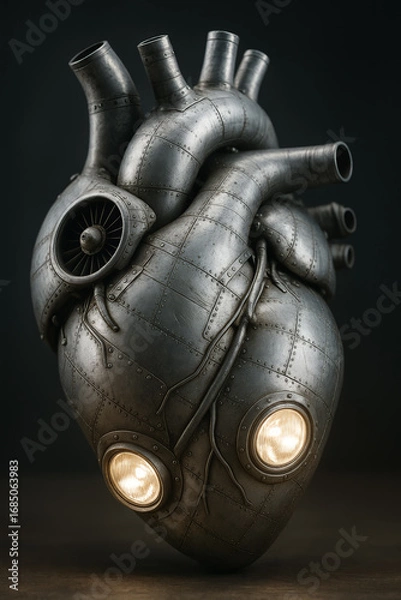 Fototapeta Futuristic bionic heart made of metal and mechanical parts, combining human anatomy with industrial design in a steampunk-inspired concept