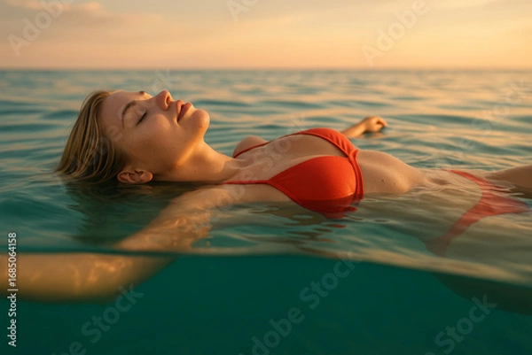 Fototapeta Young woman floating peacefully in the ocean at sunset, wearing a red bikini, enjoying relaxation and calmness in serene golden light