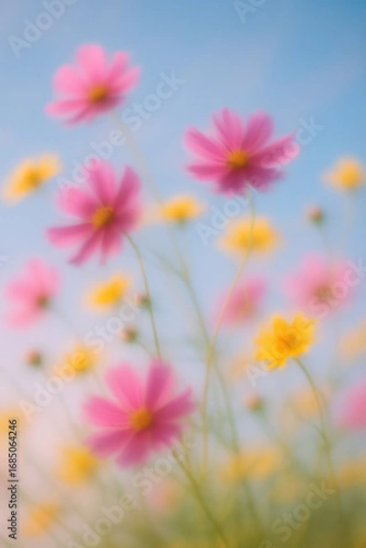 Fototapeta Soft-focus image of blooming pink and yellow wildflowers against a blue sky, evoking a dreamy and ethereal springtime atmosphere