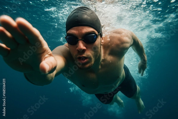 Fototapeta Underwater view of a determined young male swimmer in motion, wearing goggles and swim cap, captured mid-stroke in open water