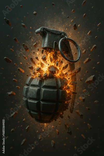 Fototapeta Hand grenade exploding mid-air with fiery blast and flying debris, captured in dramatic high-detail against a dark background