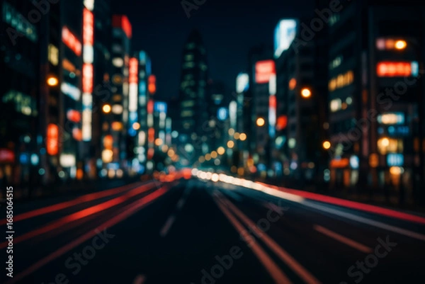 Fototapeta Defocused view of a vibrant city street at night with colorful lights and motion blur from fast-moving traffic, creating a dreamy urban atmosphere