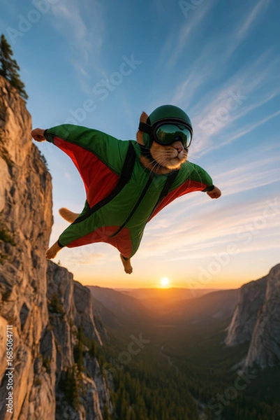 Fototapeta Fearless cat in a green wingsuit soaring through the air over a mountain valley at sunset, embracing the thrill of extreme flight