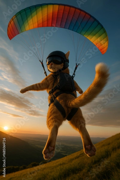 Fototapeta Adventurous cat wearing a helmet and goggles paragliding with a rainbow parachute at sunset over scenic hills