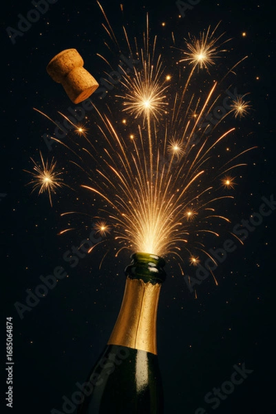 Fototapeta Champagne bottle opening with explosive fireworks, symbolizing celebration and festivity on a dark background