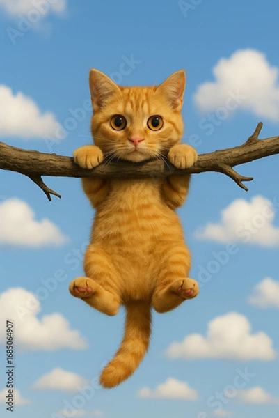 Fototapeta Adorable ginger kitten clinging to a tree branch in the sky, looking scared and helpless against a backdrop of fluffy clouds