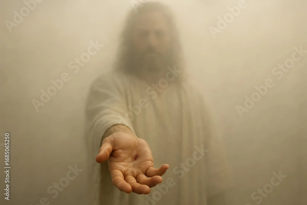 Fototapeta Outstretched hand of Jesus emerging from the mist, symbolizing the second coming of Christ and divine invitation or salvation