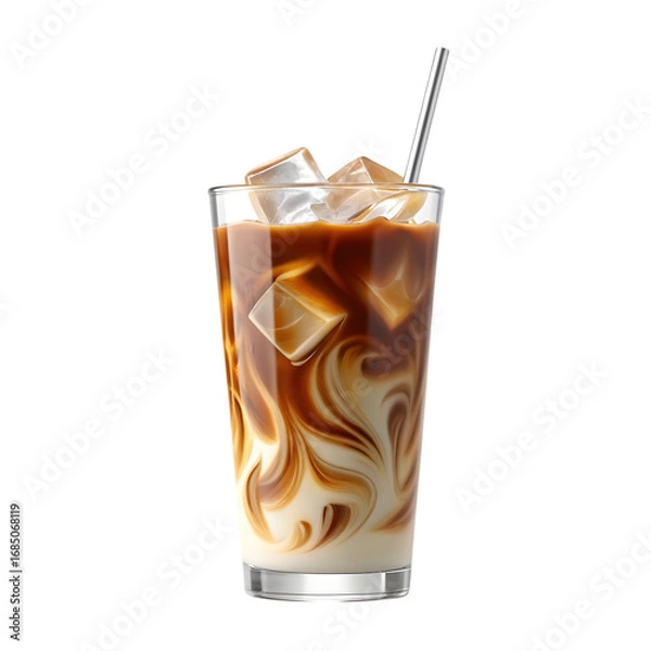 Obraz Iced Coffee with Cream Swirl and Metal Straw beverage isolated on a transparent background