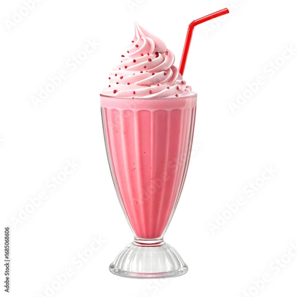 Obraz Pink Strawberry Milkshake with Whipped Cream and Straw isolated on a transparent background