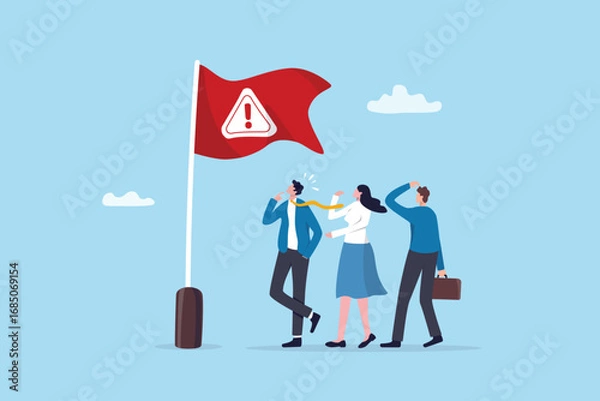 Fototapeta Red flag warning, something wrong, false or mistaken indicator, alarm or alert to attention, risk of illegal or incorrect error, business people pay attention to red flag warning sign aware of threat.