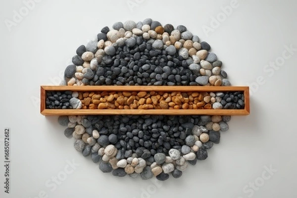 Fototapeta A wooden box containing different colored pebbles sits amidst a circular arrangement of various sized stones.