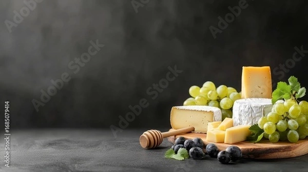Obraz Cheese and honey platter presentation gourmet kitchen food photography dark background close-up view culinary delight