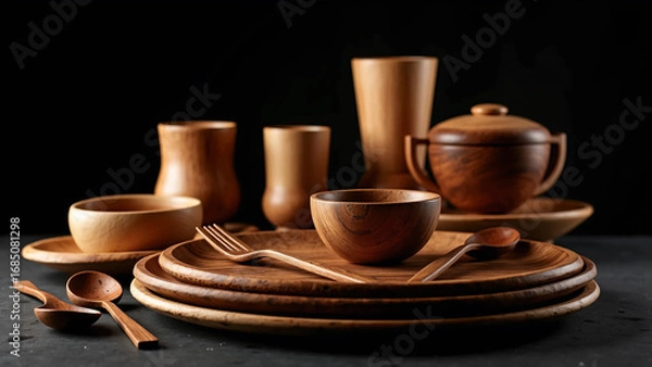 Fototapeta Natural wooden cutlery set including spoon, fork, and knife on rustic background, crafted from eco-friendly materials for sustainable dining and kitchen lifestyle visuals