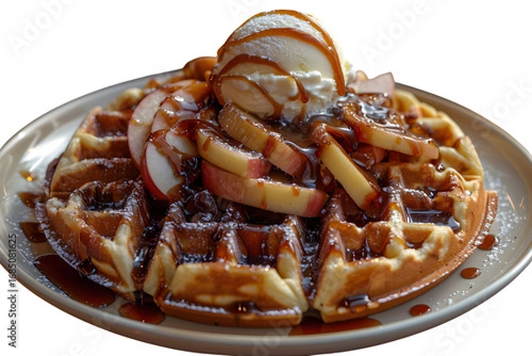 Fototapeta Cream Golden Ice Scoop Fresh Apple Slices Caramel Drizzle Homestyle Dessert Presentation Isolated Transparent Web Print Copy Space Template Branding Social Media Poster Banner Marketing SEO Optimized