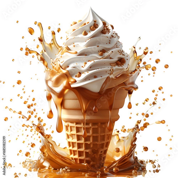Fototapeta Cream Cone Glossy Syrup Dripping Mid Air Frozen Motion Effect Commercial Food Isolated Ecommerce Web Print Copy Space Template Branding Social Media Poster Banner Marketing SEO Optimized Serene