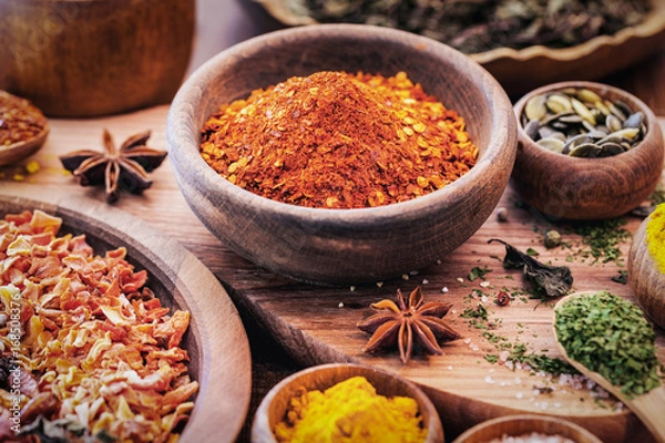 Obraz Spices and Herbs on Wooden Background