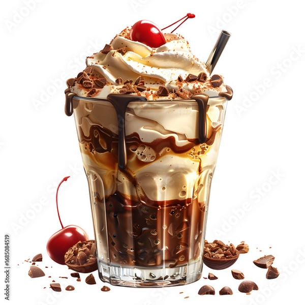 Fototapeta Cream Whipped Topping Cherry Top Dessert Photography Isolated Transparent Background Glass Cup Filled Copy Space Template Branding Social Media Poster Banner Marketing Ecommerce Web Prin SEO Optimized