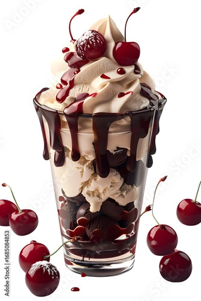 Fototapeta Cream Red Ice Whipped Topping Cherry Garnish Chocolate Drizzle Elegant Dessert Presentation Isolated Transparent Ecommerce Web Print Copy Space Template Branding Social Media Poster Bann SEO Optimized
