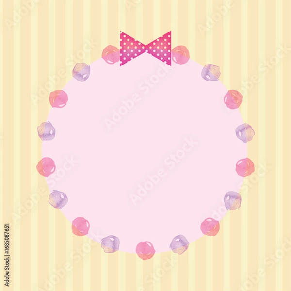 Fototapeta 水彩風リボンと丸とストライプの正方形背景・黄色＆ピンク