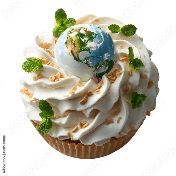 Fototapeta Cream Background Ice Scoop Shaped Like Globe Earth Continents Oceans Symbol Global Business Copy Space Template Branding Social Media Poster Banner Marketing Ecommerce Web Print SEO Optimized Serene