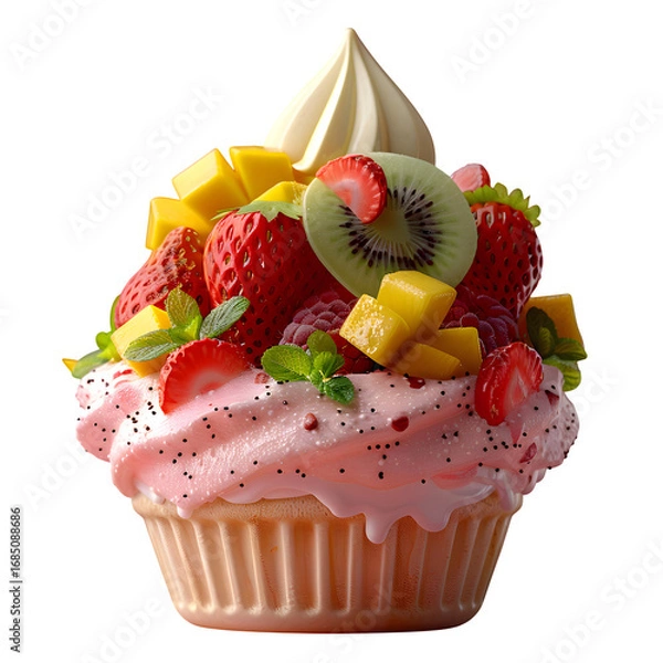 Fototapeta Cream Isolated Transparent Background Ice Scoop Topped Colorful Fruit Pieces Like Kiwi Mango Social Media Poster Banner Marketing Ecommerce Web Print Copy Space Template Branding SEO Optimized Crisp