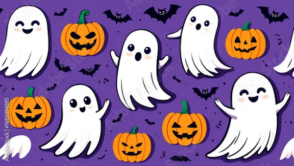 Fototapeta Purple background with a bunch of ghosts and pumpkins