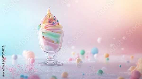 Fototapeta A soft-serve ice cream is a swirl of pastel rainbow colors — pink, yellow, green, and blue — and is decorated with colorful sprinkles and candy pearls.