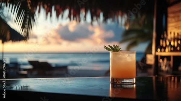 Fototapeta A tropical cocktail garnished with a palm leaf sits on a glossy bar counter, capturing the golden hues of sunset. In the background, the scene reveals a beach setting with blurred silhouettes of palm.