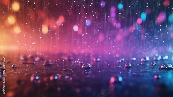 Fototapeta A close-up view of raindrops falling and splashing on a wet surface, illuminated by vibrant, neon, multi-colored lighting.