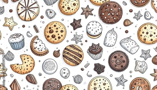 Fototapeta Hand-drawn cookie and dessert pattern