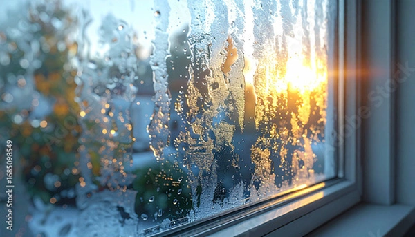 Fototapeta Morning View: A frosted window, adorned with intricate condensation patterns, reveals a vibrant sunrise, heralding a new day with the promise of warmth and clarity.