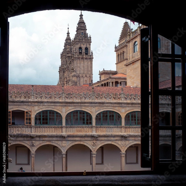 Fototapeta Towers of Santiago de Compostela Cathedral from the cloister of the Fonseca Palace