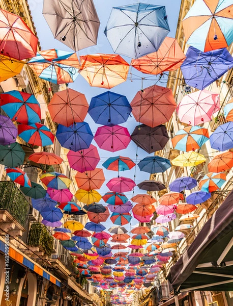 Fototapeta Umbrellas in a street near the Catania fish market on the island of Sicily.