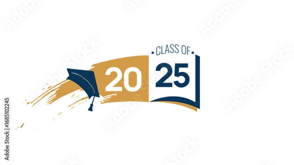 Fototapeta Class of 2025. White and blue number, education academic cap and open book. Template for graduation design frame, high school, college congratulation graduate, yearbook. Vector illustration.