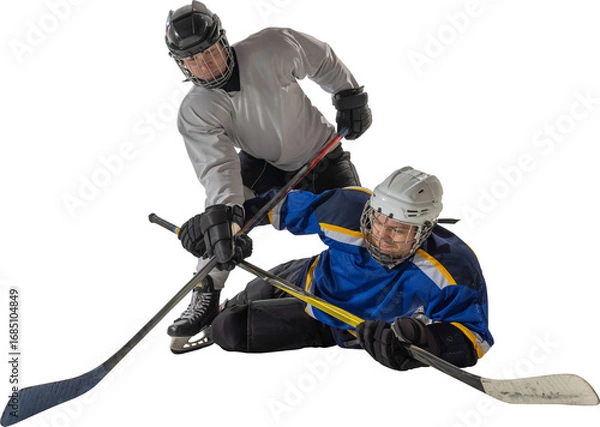 Fototapeta Intense ice hockey fight for puck with one player on ground on transparent background. Concept of struggle, defense, resilience, energy, determination and sporting rivalry.