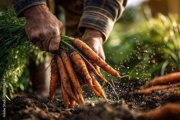 Fototapeta Close-up of farmers hands pulling ripe carrots from the ground.