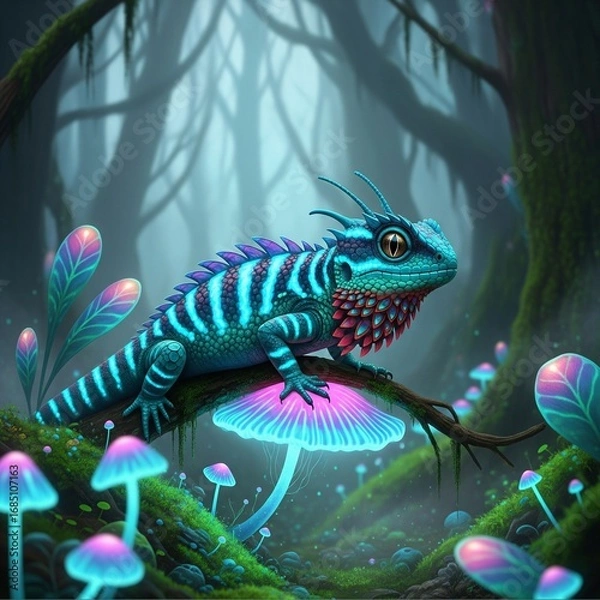 Fototapeta unique colored lizard on mushroom