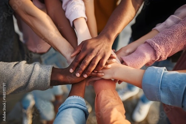 Obraz Hands of people of different nationalities and skin colors are extended to each other, showing unity and equality of different cultures. Munticultural. Culture diversity. Equality. Team