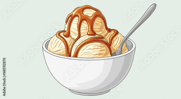 Fototapeta A bowl of vanilla ice cream with caramel sauce and a spoon resting inside on a light blue background